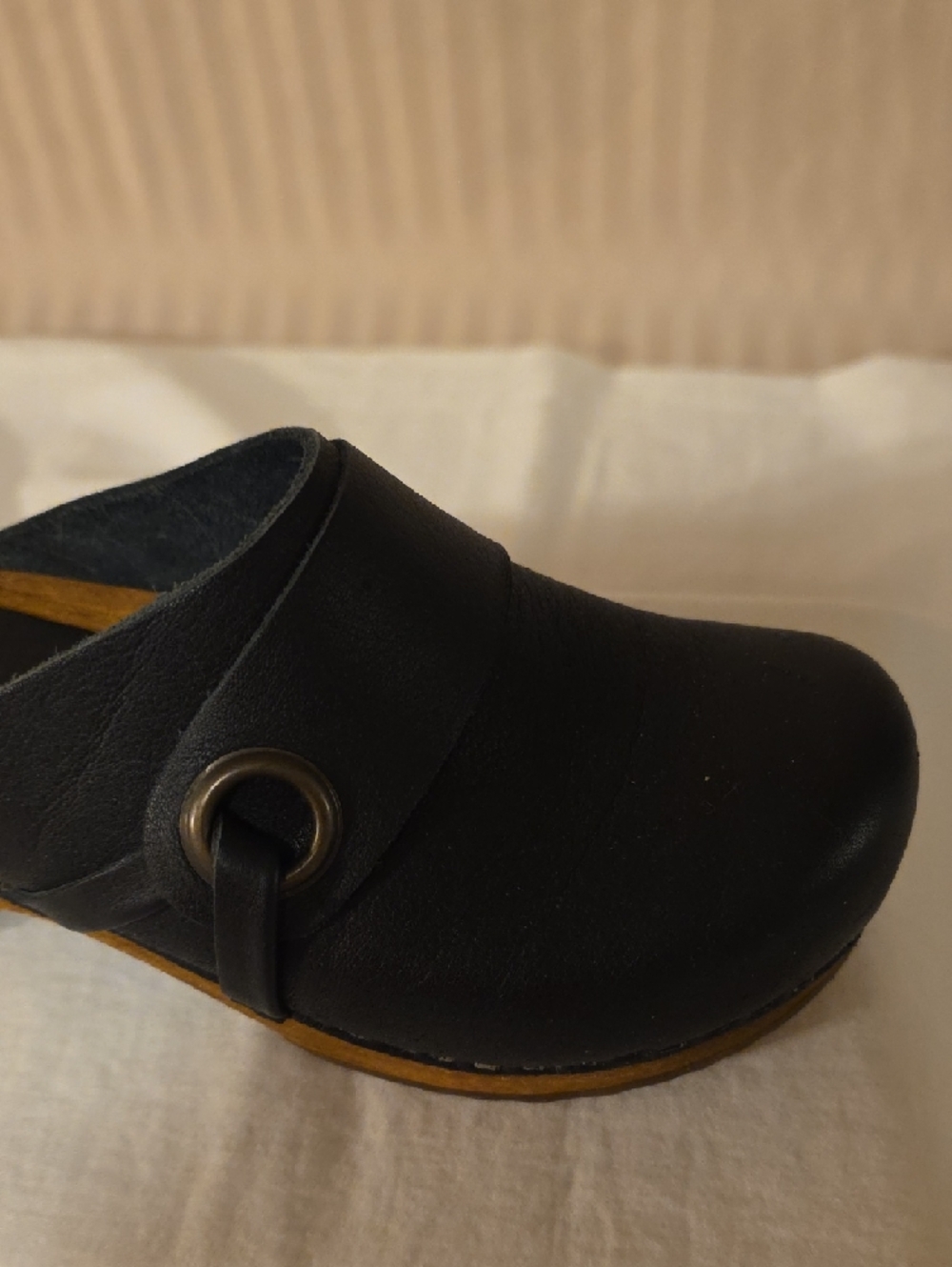 Sanita Black Leather Clog Mules with Wood-Tone Sole - Picture 6 of 8